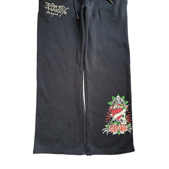 Ed Hardy Sweatpants Womens Large Black Skull Heart Rose Logo Large Y2K Tattoo - Picture 2 of 7